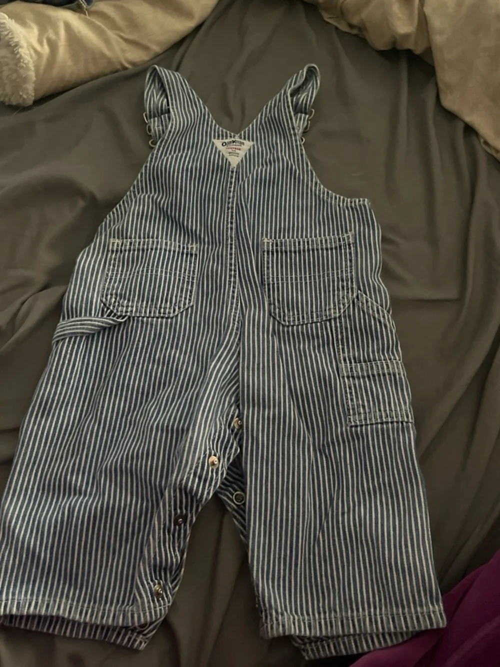Striped Denim Short Overalls - Blue & White